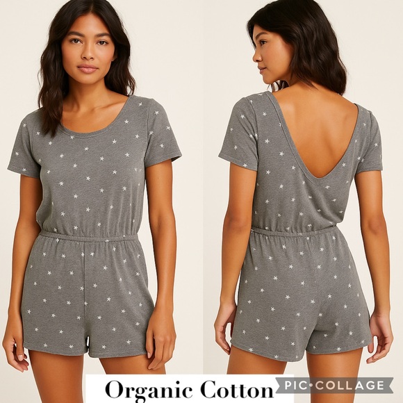 NWT Alternative Cross Back Jersey Romper Gray White Stars Organic Fabric Cotton - Picture 1 of 13